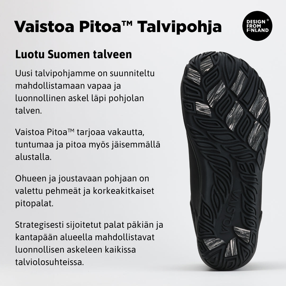 Infografiikka, jossa näkyy Uoma Talvi 3 -kengän rakenteen pääominaisuudet: vedenpitävä pinta, Thinsulate-eristys, karvavuori ja Vaistoa Pitoa™ -talvipohja.