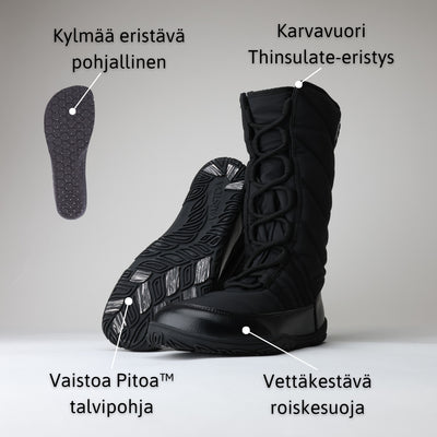 Vaistoa Hanki – korkeavartiset paljasjalkakengät talveen, väri musta. Infografiikka kengän tärkeimmistä ominaisuuksista ja rakenteesta.