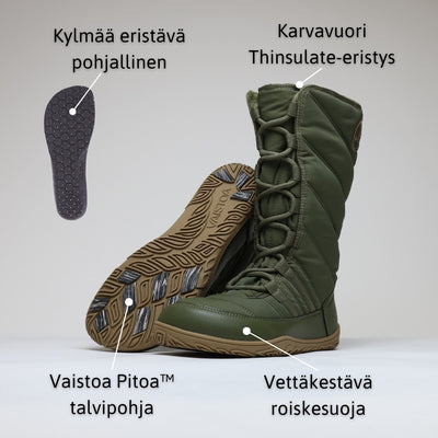 Vaistoa Hanki – korkeavartiset paljasjalkakengät talveen, väri oliivinvihreä. Infografiikka kengän tärkeimmistä ominaisuuksista.