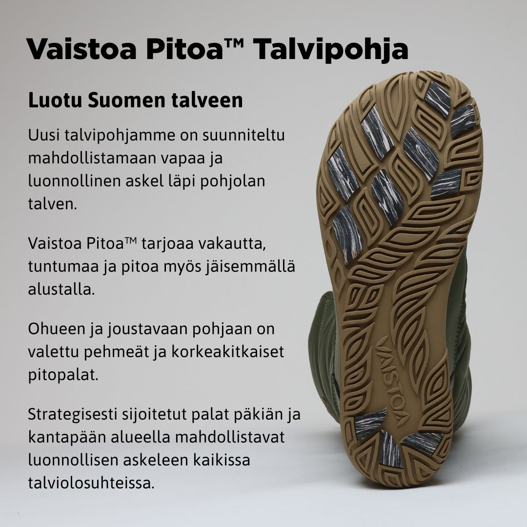 Vaistoa Hanki – korkeavartiset paljasjalkakengät talveen, väri oliivinvihreä. Infografiikka Vaistoa Pitoa™ -talvipohjasta, joka lisää pitoa ja vakautta liukkaissa talviolosuhteissa.