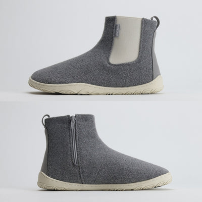 Kaksi kuvaa rinnakkain esittävät Vaistoa Sulo -huopanilkkurin sivuprofiilit: toisessa näkyy vaalea joustoresori ja toisessa vetoketju, joka helpottaa pukemista. Kuvissa korostuu tasainen zero drop -pohja, joka tukee luonnollista asentoa ja askellusta.