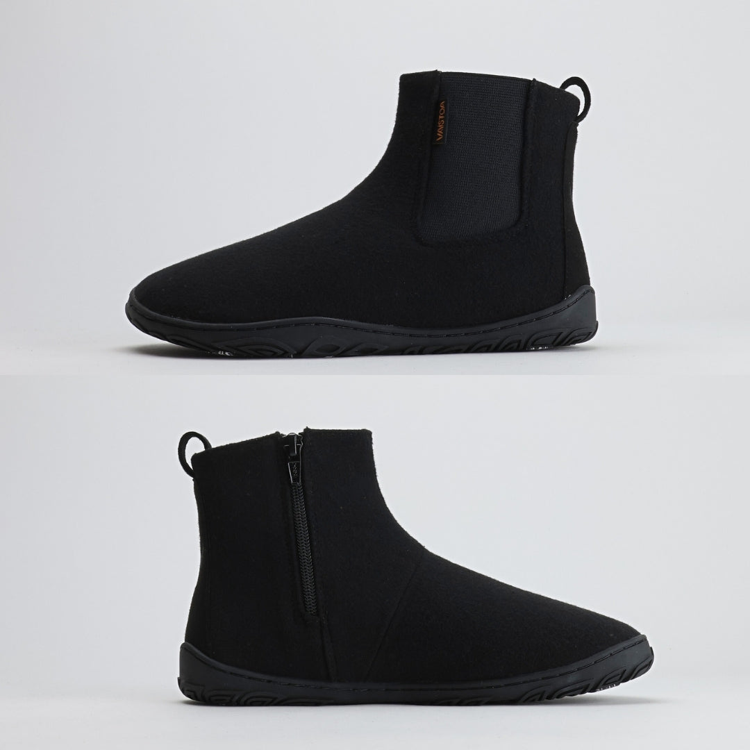 Kaksi kuvaa rinnakkain esittävät Vaistoa Sulo – huopanilkkurin sivuprofiilit: toisessa näkyy joustoresori ja toisessa vetoketju, joka helpottaa pukemista. Kuvissa korostuu tasainen zero drop – pohja, joka tukee luonnollista asentoa ja askellusta.